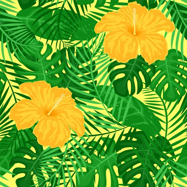 Bezproblémový Vzor Tropickou Ozdobou Hibišek Palmový List Příšera Vektorová Ilustrace — Stockový vektor