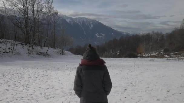 Κορίτσι που περπατά σε ένα χιονισμένο χειμερινό τοπίο στα βουνά, σταθεροποιείται — Αρχείο Βίντεο