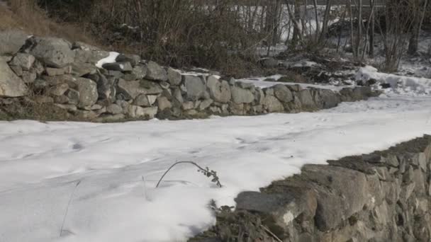 Low-Winkelaufnahme eines Mädchens, das auf einem schneebedeckten Pfad geht — Stockvideo