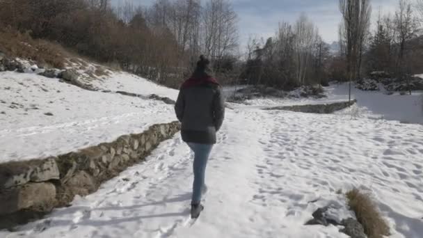 Κορίτσι που περπατά σε μονοπάτι στο χιόνι, σταθεροποιημένο πλάνο εντοπισμού — Αρχείο Βίντεο