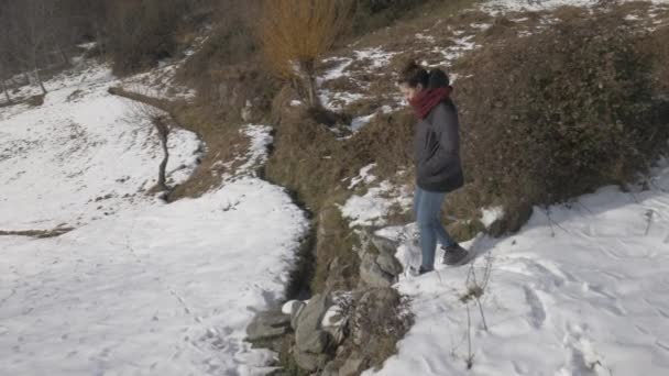 Dívka zkoumající zasněžené zimní pole v horách — Stock video