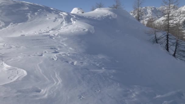 Vinterpanorama över alperna med en grupp vandrare som går i snön — Stockvideo