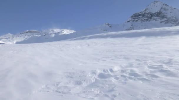Drivande snö över vindpinad mark i alperna — Stockvideo