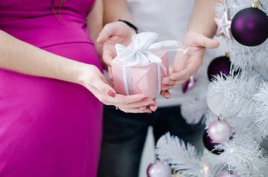 Noel hediyesi Noel ağacına yakın ellerde