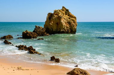Atlantik kayalık kıyı şeridi üzerindeki güneş ışığı Algarve, Portekiz. Beyaz kayalık kayalık kayalıkları olan resimli deniz manzarası. Great Ocean Road boyunca uzanan Worm Bay..