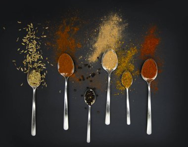 Koyu bir arka planda çeşitli baharat kaşıkları. Yukarıdan görüntüle