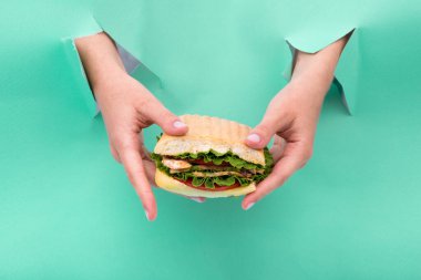 Neo Nane arkaplanındaki elde sandviç. El yapımı..