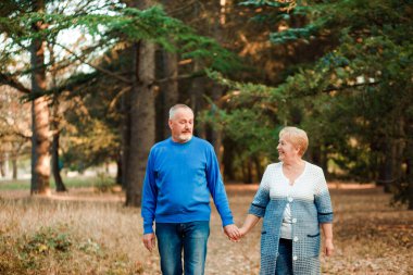 Yaşlı çift parkta yürür. Mutlu yaşlılar..