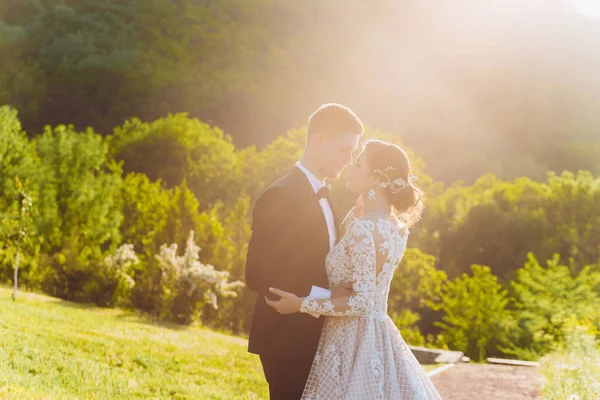 Kiss love bride and groom. Happy together against the background of green grass and a lake at sunset.