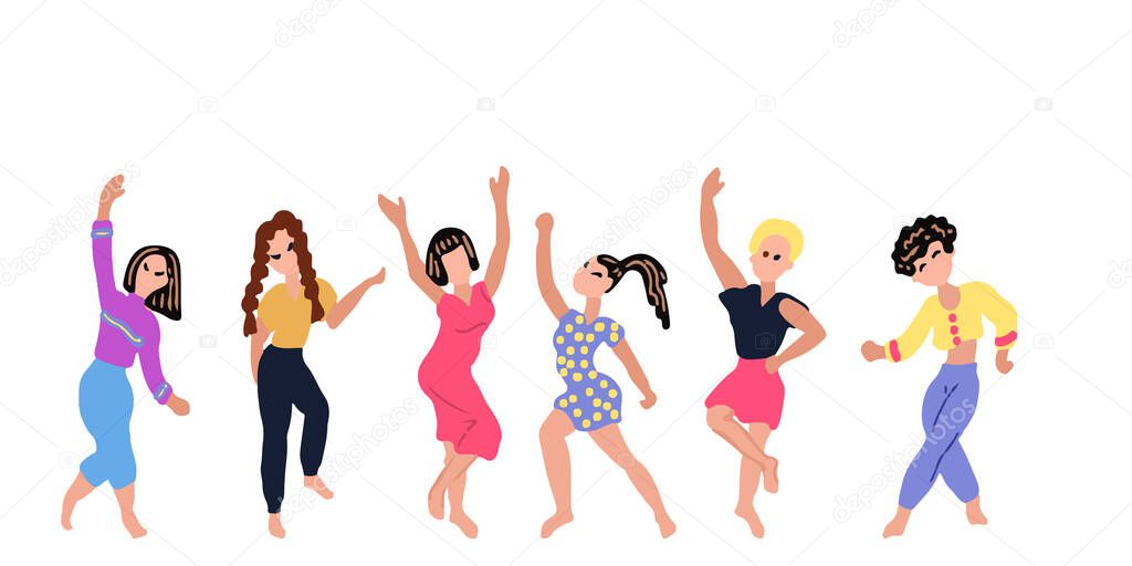 A set of dancing and jumping girls in colorful clothes. Vector illustration. Character collection. Isolated art