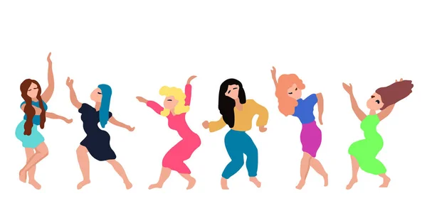 Zestaw tańczących i skaczących dziewczyn w kolorowych ubraniach. Ilustracja wektora. Kolekcja znaków. Sztuka izolowana — Wektor stockowy