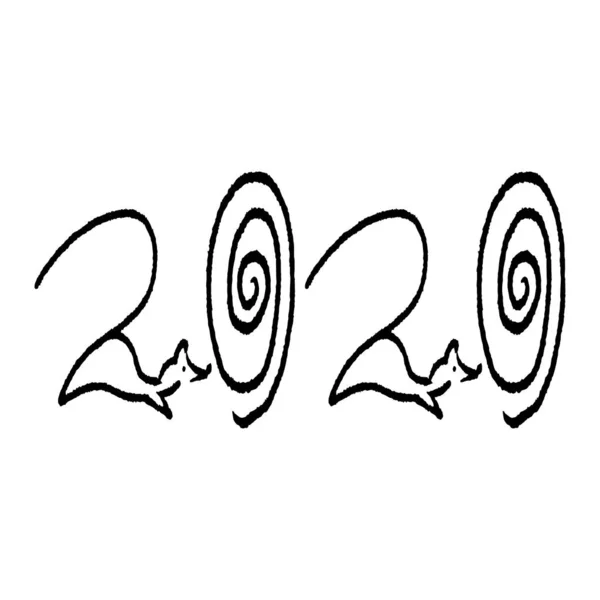 Liczba z 2020 r. z sylwetki szczura. Odizolowana sztuka bazgrołów na białym tle — Wektor stockowy