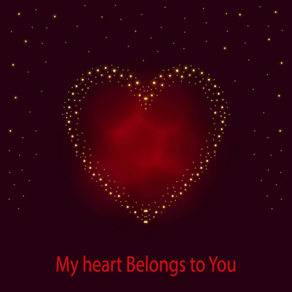 Contorno cardíaco brillante. Pequeñas estrellas y reflejos sobre un fondo rojo oscuro. Texto Mi corazón te pertenece . — Archivo Imágenes Vectoriales