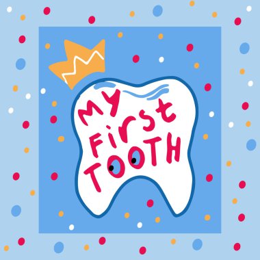 İlk diş harfleri cümlem. Çizgi film tarzında bir diş. Elle çizilmiş vektör.