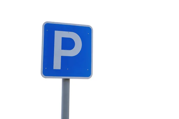 Parkeren Verkeersbord Aan Rechterkant Achtergrond Van Blauwe Hemel Parkeerbord Geïsoleerd — Stockfoto
