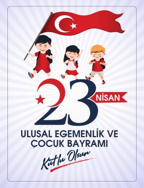 (23 Nisan Ulusal Egemenlik ve Cocuk Bayrami, 100.yili Kutlu Olsun. Kutlama Tebrik Karti) 100. yıl. 23 Nisan, Ulusal Egemenlik ve Çocuklar Günü Türkiye kutlama kartı. vektör illüstrasyonu.