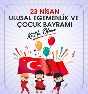 (23 Nisan Ulusal Egemenlik ve Cocuk Bayrami, 100.yili Kutlu Olsun. Kutlama Tebrik Karti) 100. yıl. 23 Nisan, Ulusal Egemenlik ve Çocuklar Günü Türkiye kutlama kartı. vektör illüstrasyonu.