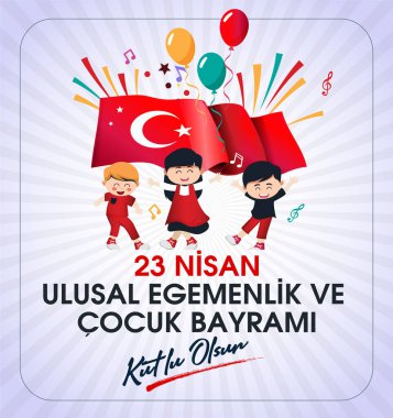 (23 Nisan Ulusal Egemenlik ve Cocuk Bayrami, 100.yili Kutlu Olsun. Kutlama Tebrik Karti) 100. yıl. 23 Nisan, Ulusal Egemenlik ve Çocuklar Günü Türkiye kutlama kartı. vektör illüstrasyonu.