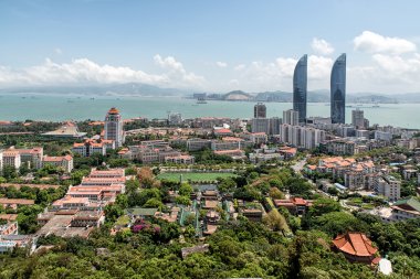 Çin'deki merkezi Xiamen görünümü ile skyskapers