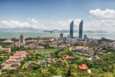 Çin'deki merkezi Xiamen görünümü ile skyskapers