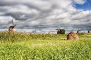 Yel değirmenleri ile ünlü doğal kanal doğa sahne. Eski Hollanda Köyü doğal, UNESCO Dünya Miras Listesi. Hollanda, Europe.