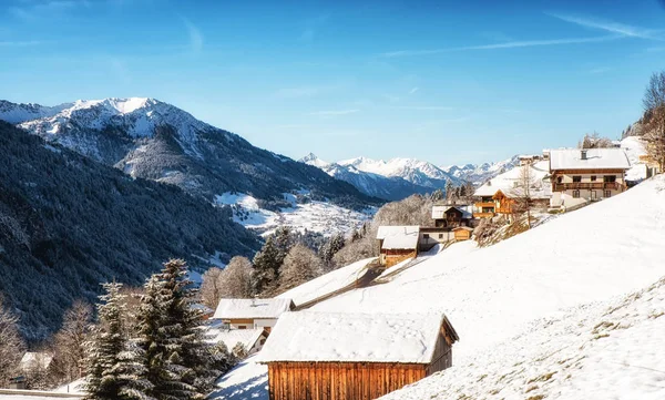 Winter landscape with ski lodge in austrian alps Vorarlberg area