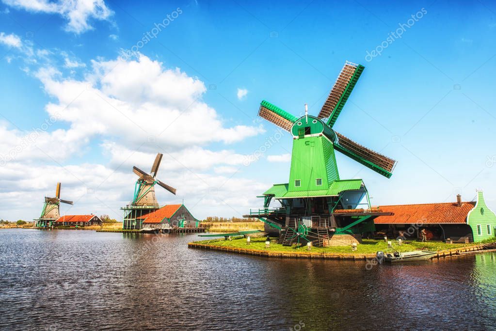Traditional Dutch old wooden Windmills in Zaanse Schans - museum