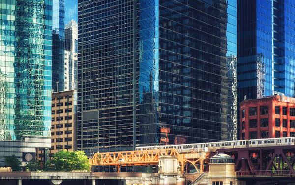 Elevated railway train on bridge in Chicago