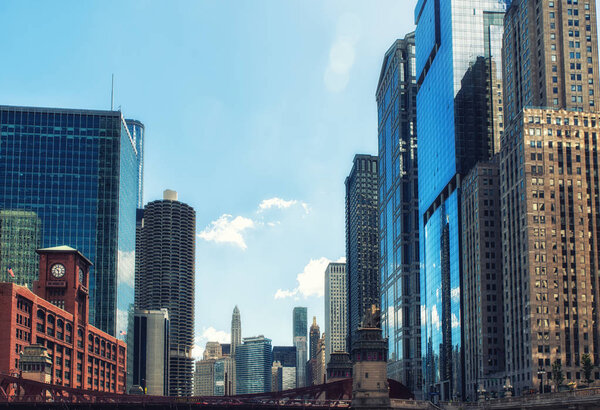 Downtown skyline near the Michigan Avenue Bridge, Chicago, Illinois, USA