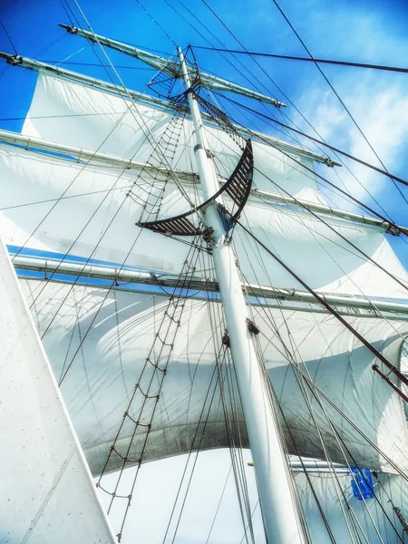 Sails, mast and ropes view from below of a classic sailing ship. — Stock Photo, Image