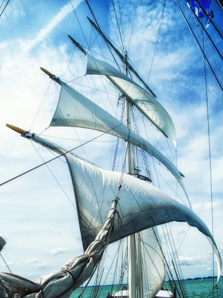 Sails, mast and ropes view from below of a classic sailing ship. — Stock Photo, Image