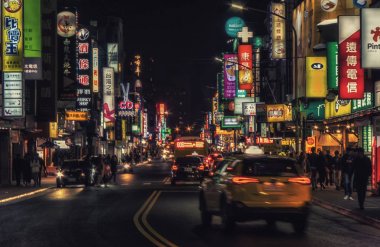 Taipei nightlife neon lights taxis crowded city streets clipart