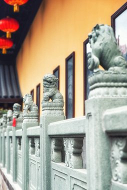 Çin, Şangay 'daki Yeşim Buddha Tapınağı' nın dışındaki aslanlar. Aslanlar Çin 'deki önemli binaların önünde nöbet tutarlar..