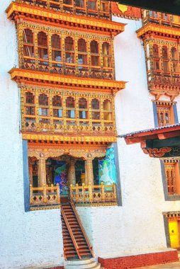 İnce oyulmuş ahşap balkon detayları, Punakha Dzong, Butan