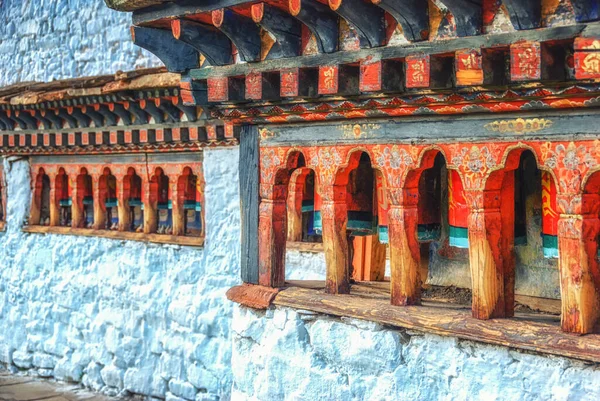 Detalle Arquitectónico Madera Ricamente Tallada Pintada Paro Dzong — Foto de Stock