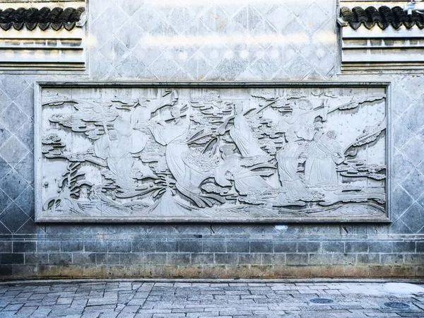 Uma Escultura Pedra Detalhada Decorando Uma Parede Entrada Cidade Zhujiajiao — Fotografia de Stock