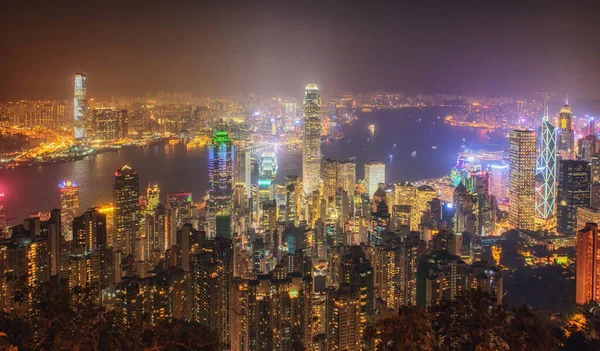 Geceleri Hong Kong Victoria Limanı Nın Hava Görüntüsü — Stok fotoğraf