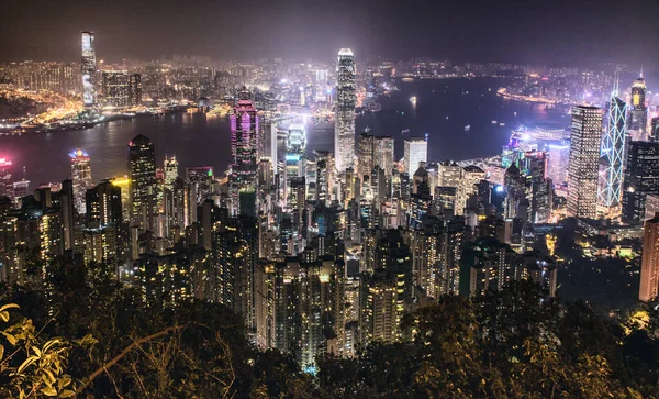 Geceleri Hong Kong Victoria Limanı Nın Hava Görüntüsü — Stok fotoğraf