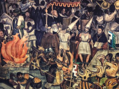 Mexico City, Meksika - 12 Ekim 2019: Diego Rivera 'nın Mexico City National Palace' da Meksika tarihi sergilenen duvar resmine yakından bir bakış.