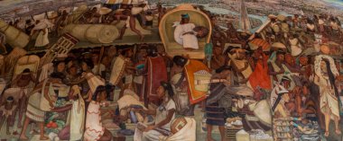 Mexico City, Mexico - 12 Ekim 2019: Aztek tarihi, Diego Rivera tarafından National Palace, Palacio Nacional, Mexico City, Mexico City, Meksika