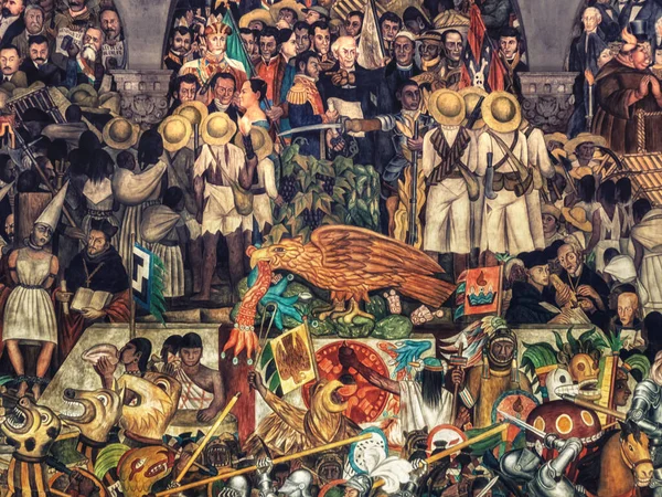 Mexico City, Meksika - 12 Ekim 2019: Diego Rivera 'nın Mexico City National Palace' da Meksika tarihi sergilenen duvar resmine yakından bir bakış.