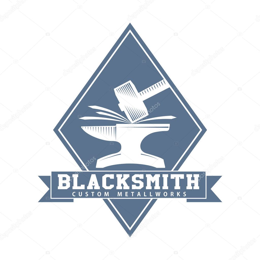 Monochrome logo for a ironwork company, smithy logo, anvil icon with a ribbon