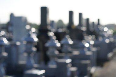 Geleneksel Japon mezarlığında granitten yapılmış bulanık heykeller.