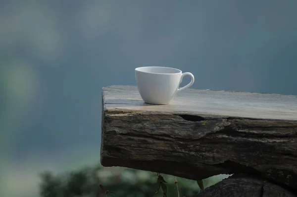 Hot coffee on the old log — Stock Photo, Image