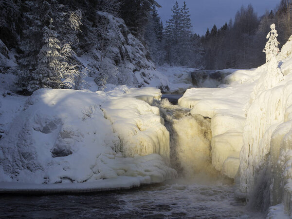 Kivach waterfall in the winter, Karelia, Northern Russia.