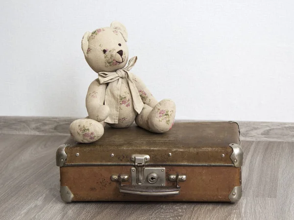 Medvídek na starý kožený kufr Royalty Free Stock Obrázky