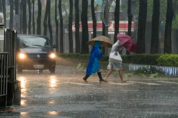 Pedestres cruzando a rua durante o tufão Megi — Fotografia de Stock