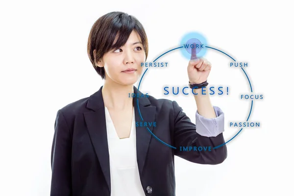 Asian businesswoman pressing invisible screen — Stock Photo, Image