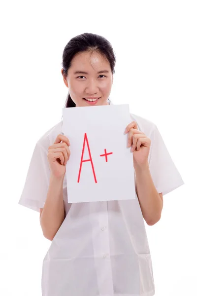 Menina asiática estudante do ensino médio mostrando teste — Fotografia de Stock