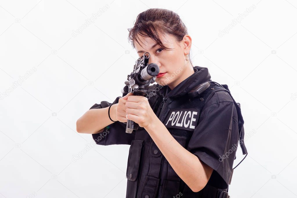 Chinese female police officer with assault rifle